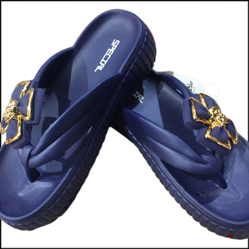 Women's Special Edition Flower Slippers – Navy Blue with Gold Detailing
