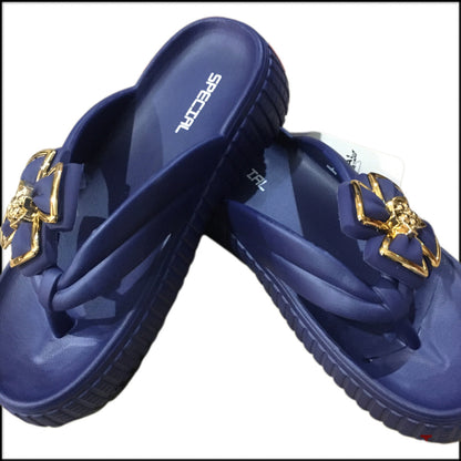 Women's Special Edition Flower Slippers – Navy Blue with Gold Detailing