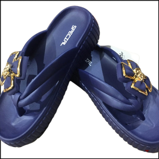 Women's Special Edition Flower Slippers – Navy Blue with Gold Detailing