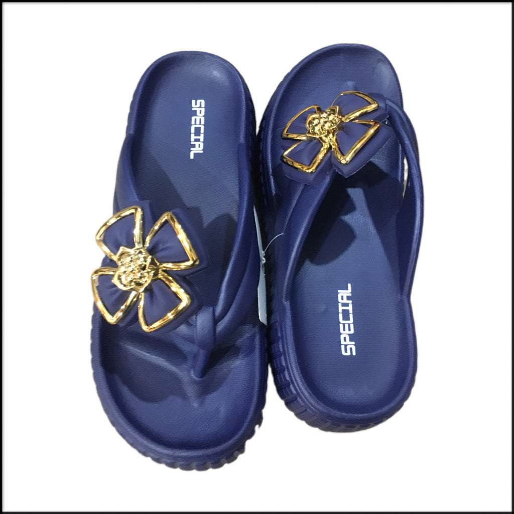 Women's Special Edition Flower Slippers – Navy Blue with Gold Detailing